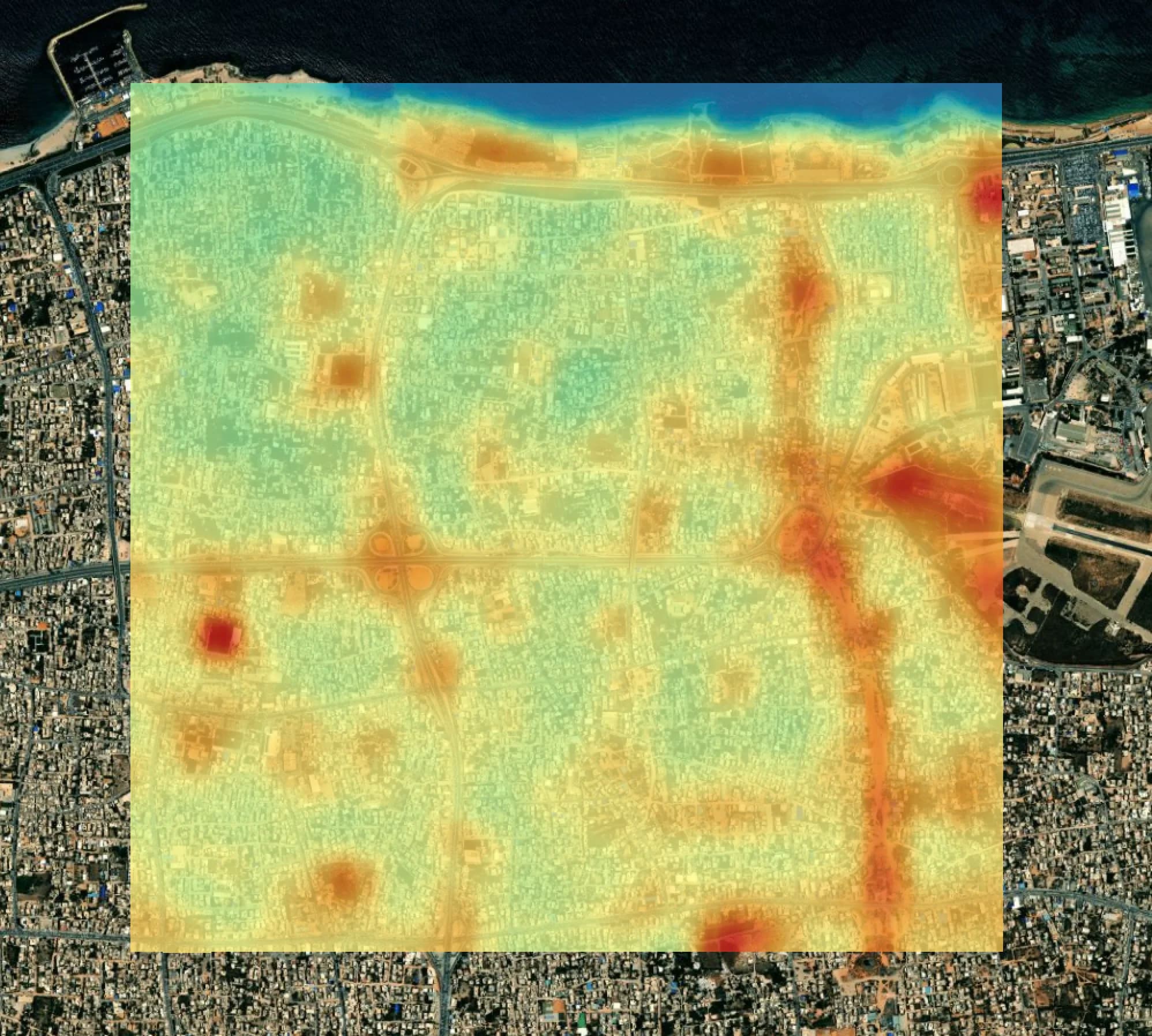 Urban analysis heatmap over Tripoli satellite imagery